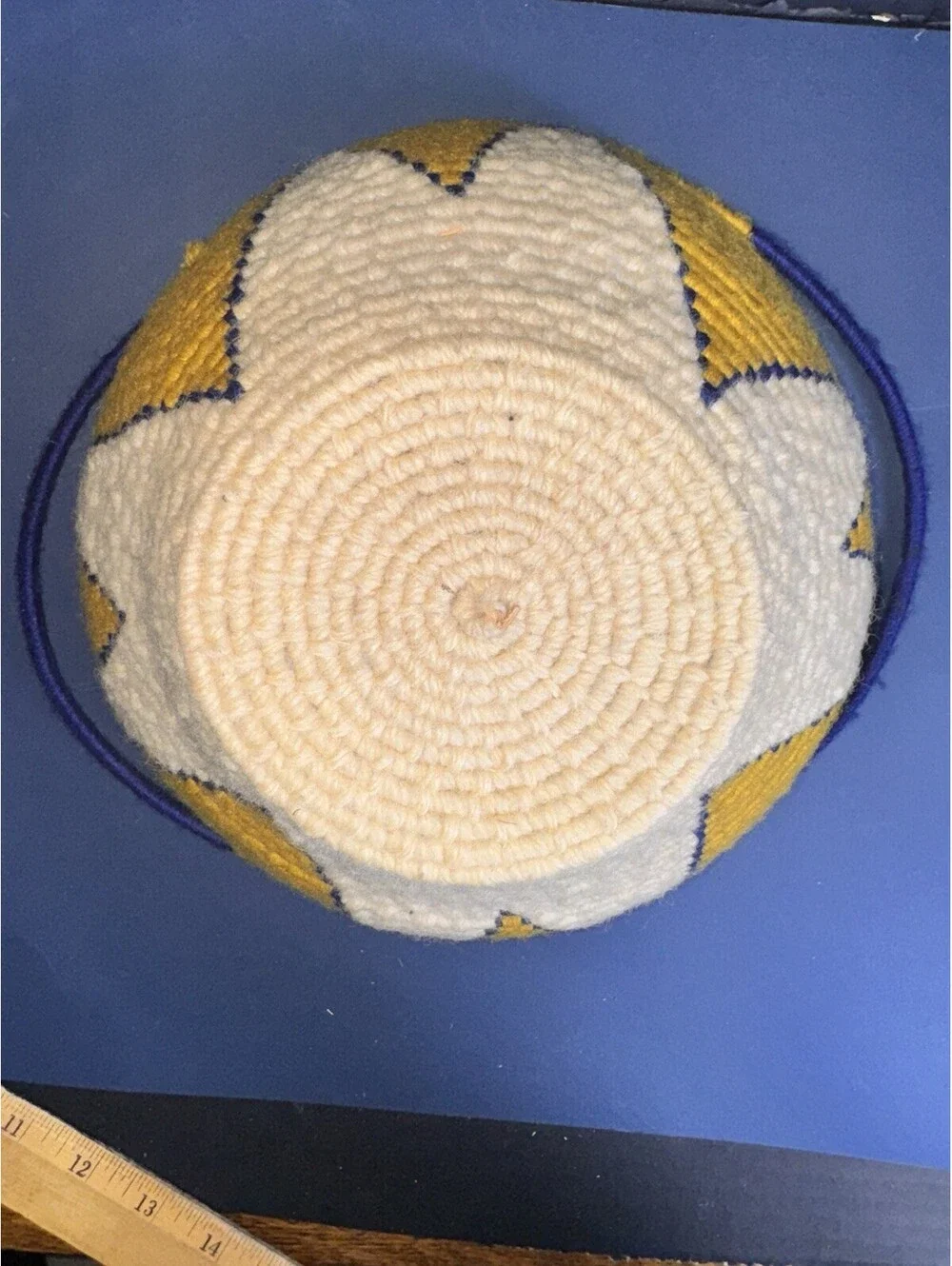 Handwoven African Wool Basket Blue Yellow White Starburst Design 9” Coiled Bowl